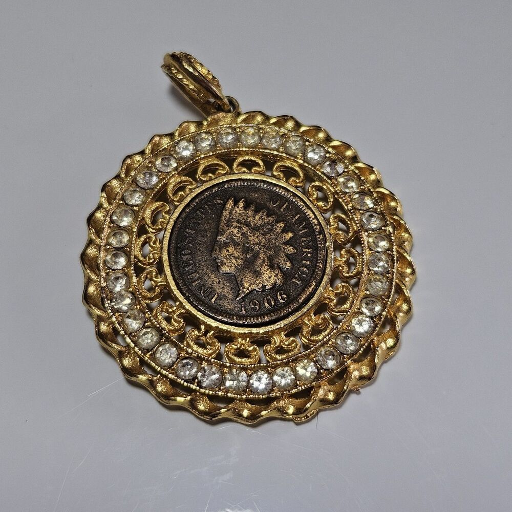 Vintage Regal Gems Gold Tone Pendant Medallion 1906 Penny With Crystals